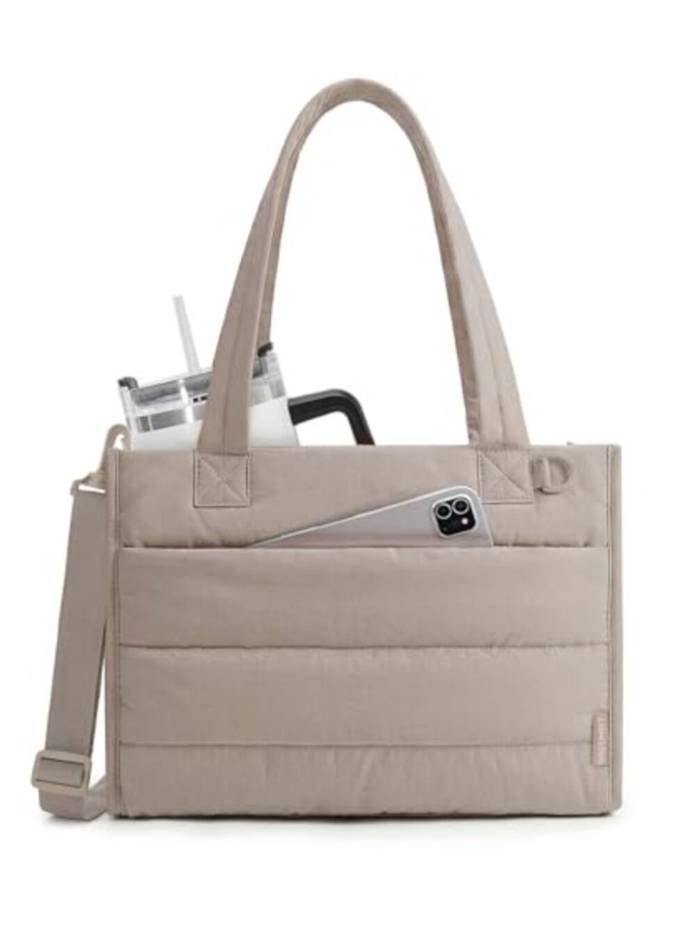 Quilted Puffer Tote Bag Zipper Crossbody Detachable Strap Work Travel